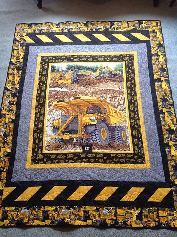 construction-quilt-front, caterpillar heavy hauler quilt, quilt panel, truck quilt panel, quilting, sewing, craft