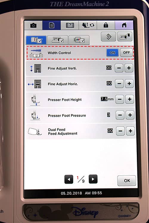 Brother Dream Machine speed controller width setting